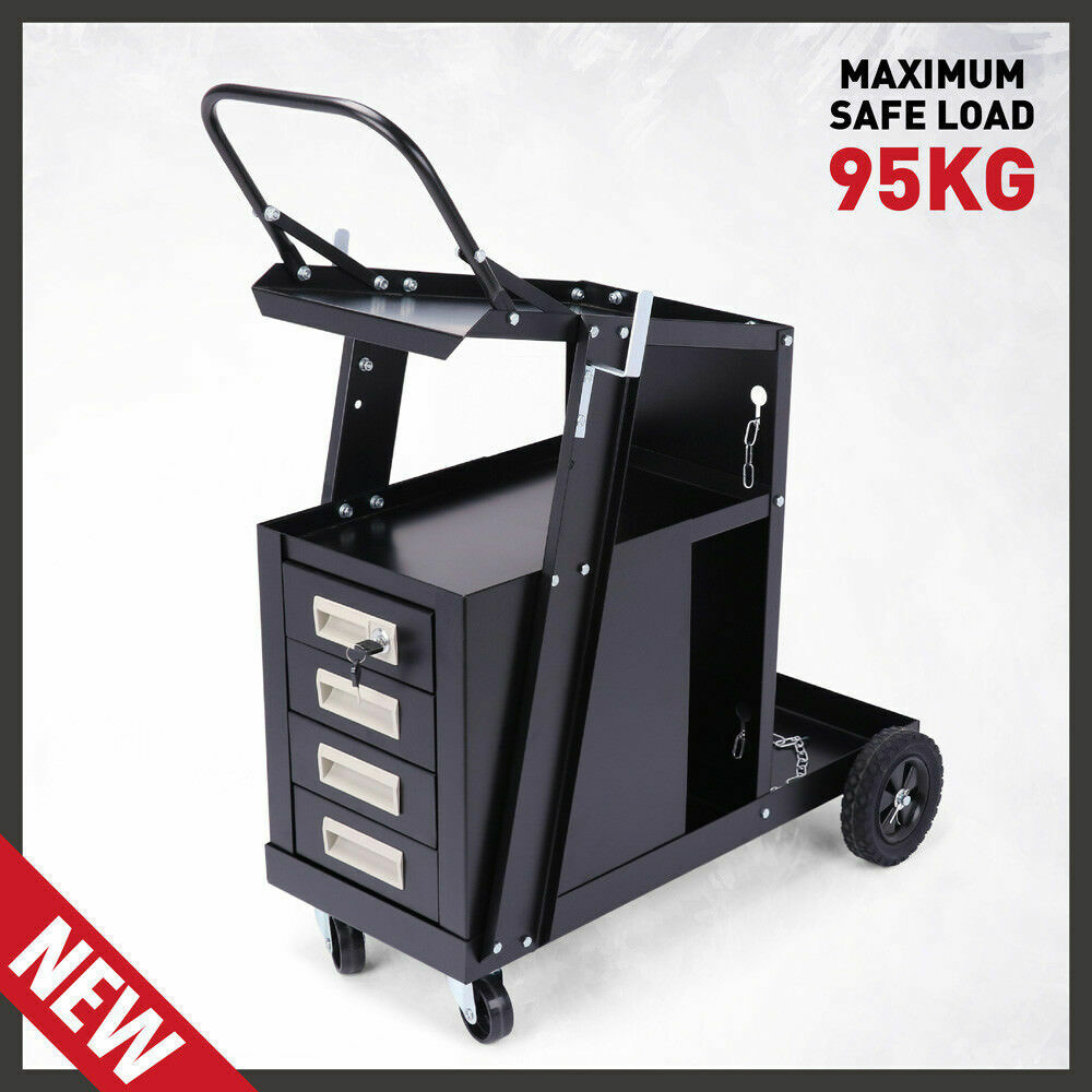 Robust 4-Drawer Welding Trolley Cart, designed for MIG, TIG, ARC, and Plasma machines. Features include a tilted top shelf, 4 drawers for storage, safety chains for gas tanks, durable wheels for mobility, and a total load capacity of 110Lbs