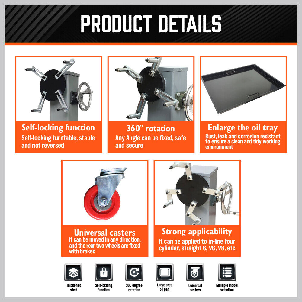 Heavy Duty 500kg Folding Engine Stand for auto workshops, capable of supporting 1100lb engines. Features include a foldable design for convenient storage, adjustable arms for various engine sizes, a rotating mount for 360-degree engine access, and a robust steel construction with a durable red powder-coated finish