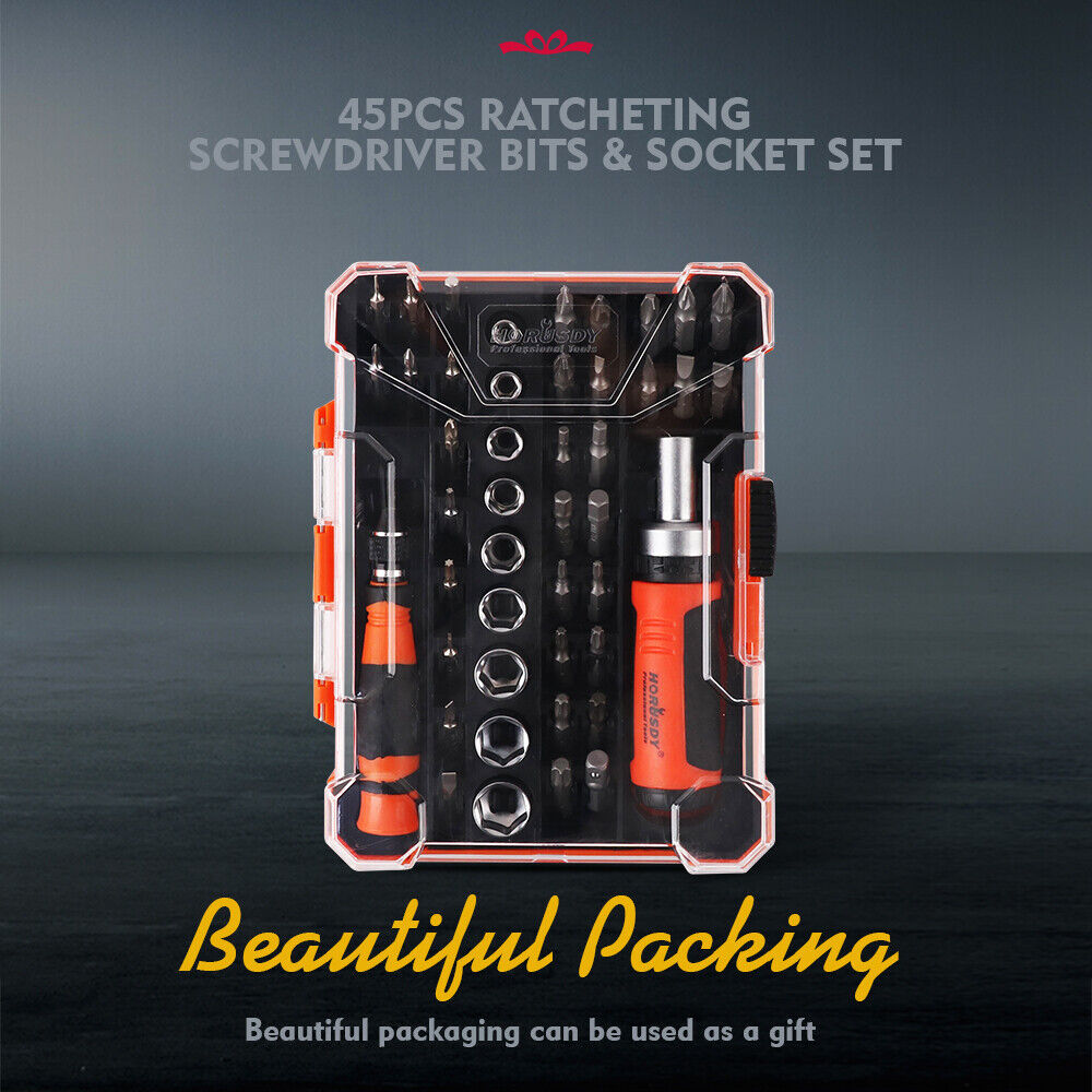 Comprehensive 45-Piece Precision Screwdriver Set with Ratchet Magnetic Driver, including a variety of sockets and bits for diverse applications