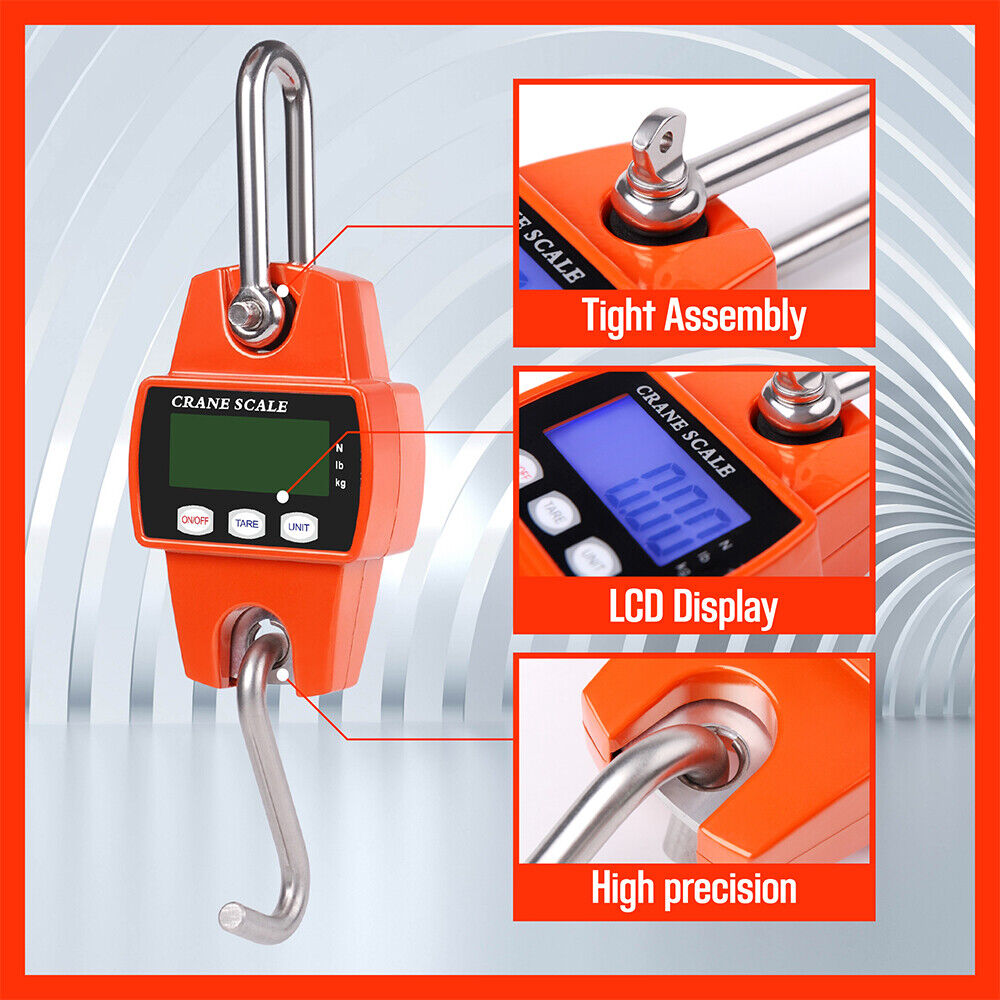 Compact and robust Mini Portable Crane Scale with a capacity of 300kg and precision of 0.1kg. Features a 55mm large LCD display, stainless steel load receptor, and aluminum casing. Versatile with multiple weighing modes and equipped with tare, manual/auto hold, and auto power off functions.