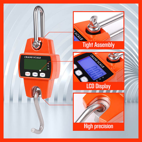 Compact and robust Mini Portable Crane Scale with a capacity of 300kg and precision of 0.1kg. Features a 55mm large LCD display, stainless steel load receptor, and aluminum casing. Versatile with multiple weighing modes and equipped with tare, manual/auto hold, and auto power off functions.