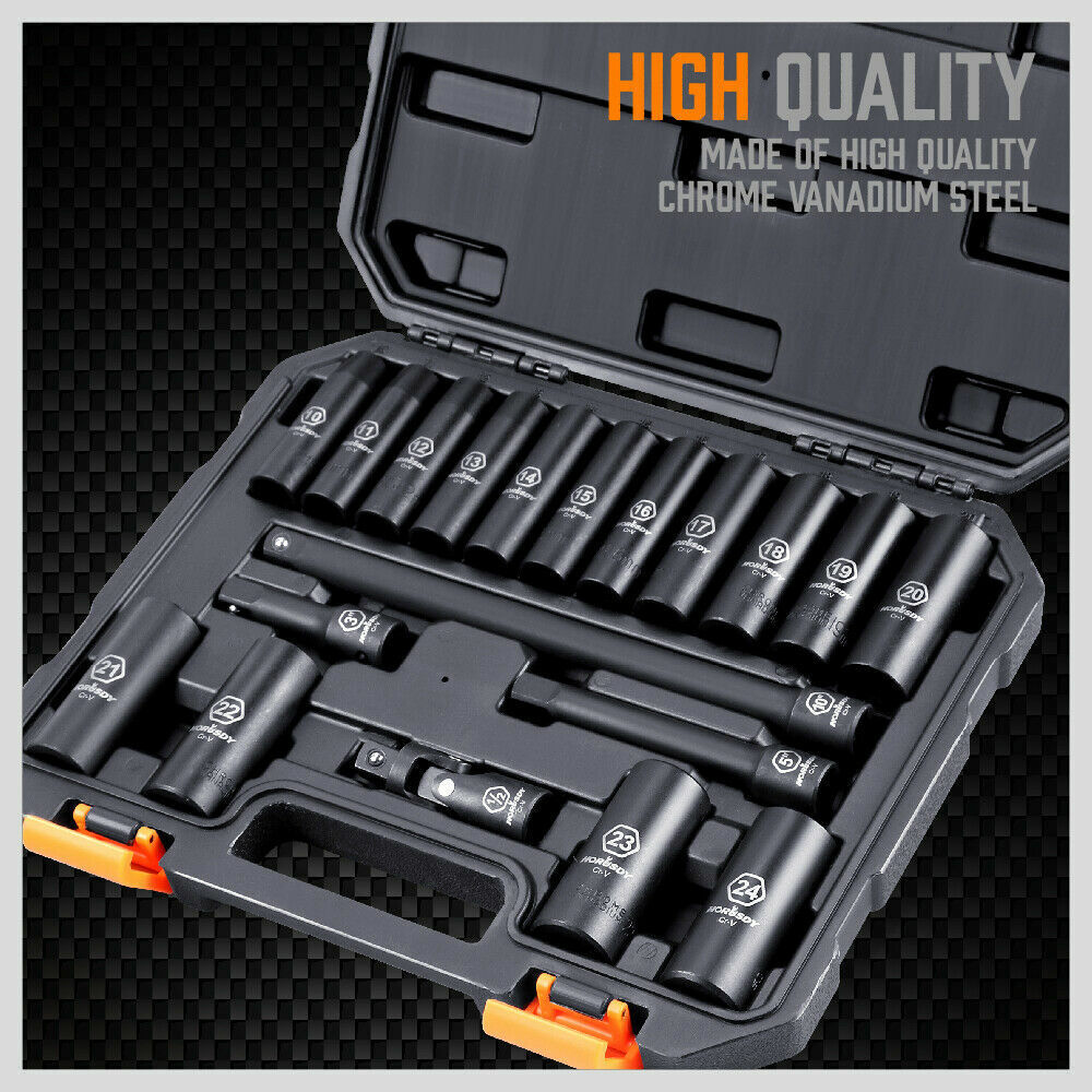 Durable 19-piece deep impact socket set with extensions and flexible adapter, made from chrome vanadium steel, in sizes 10-24mm for versatile use