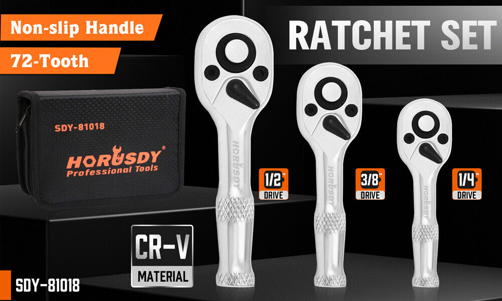 HORUSDY 3-Piece Stubby Socket Ratchet Wrench Set featuring 72-Tooth Mechanism and Durable CRV Construction, Sizes 1/2", 3/8", 1/4" with Storage Pouch