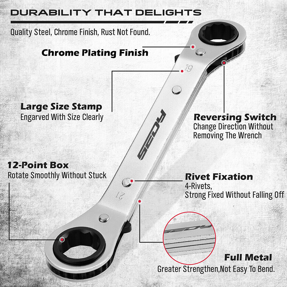 SEDY 6Pcs Metric Ratchet Wrench Set - Ratcheting Reversible Design, 12-Point Box Ends, 6-21MM Sizes