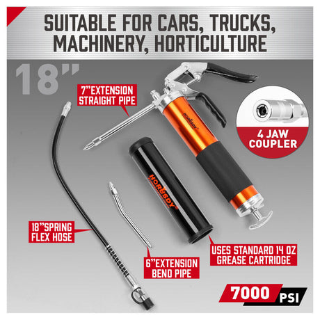 Durable 7000PSI Grease Gun Kit - Features Solid Steel Barrel, Rubber Sleeve, 18" Flex Hose, and 14.1 oz Cartridge for Efficient Lubrication
