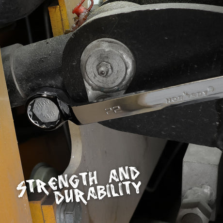 A complete set of 9 metric HORUSDY spanners with 75-degree offset and double box ends, displayed with a mirror finish for durability and precision.