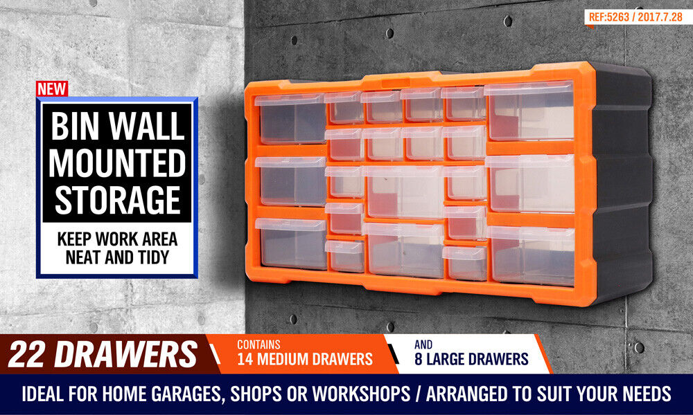 Durable 22-drawer plastic storage cabinet with versatile organization options for tools and supplies.