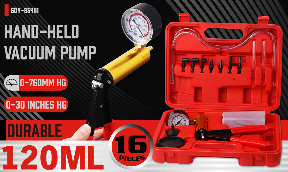 HORUSDY Hand Held Vacuum Pump and Brake Bleeder Kit, featuring Pressure Tester, Vacuum Gauge, and Multiple Adapters for Car and Motorcycle Brake Systems, with 120ML Capacity and Durable Design