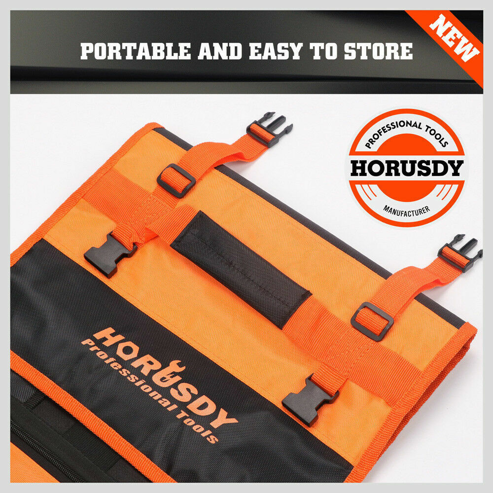 Durable Tool Holder Belt with 21 versatile pockets. Made from strong polyester fabric, ideal for storing tools, knives, pens, and brushes. Features a secure two-strap closure, easy roll-up design, and a convenient carry handle. Suitable for electricians, mechanics, handymen, and DIY enthusiasts.