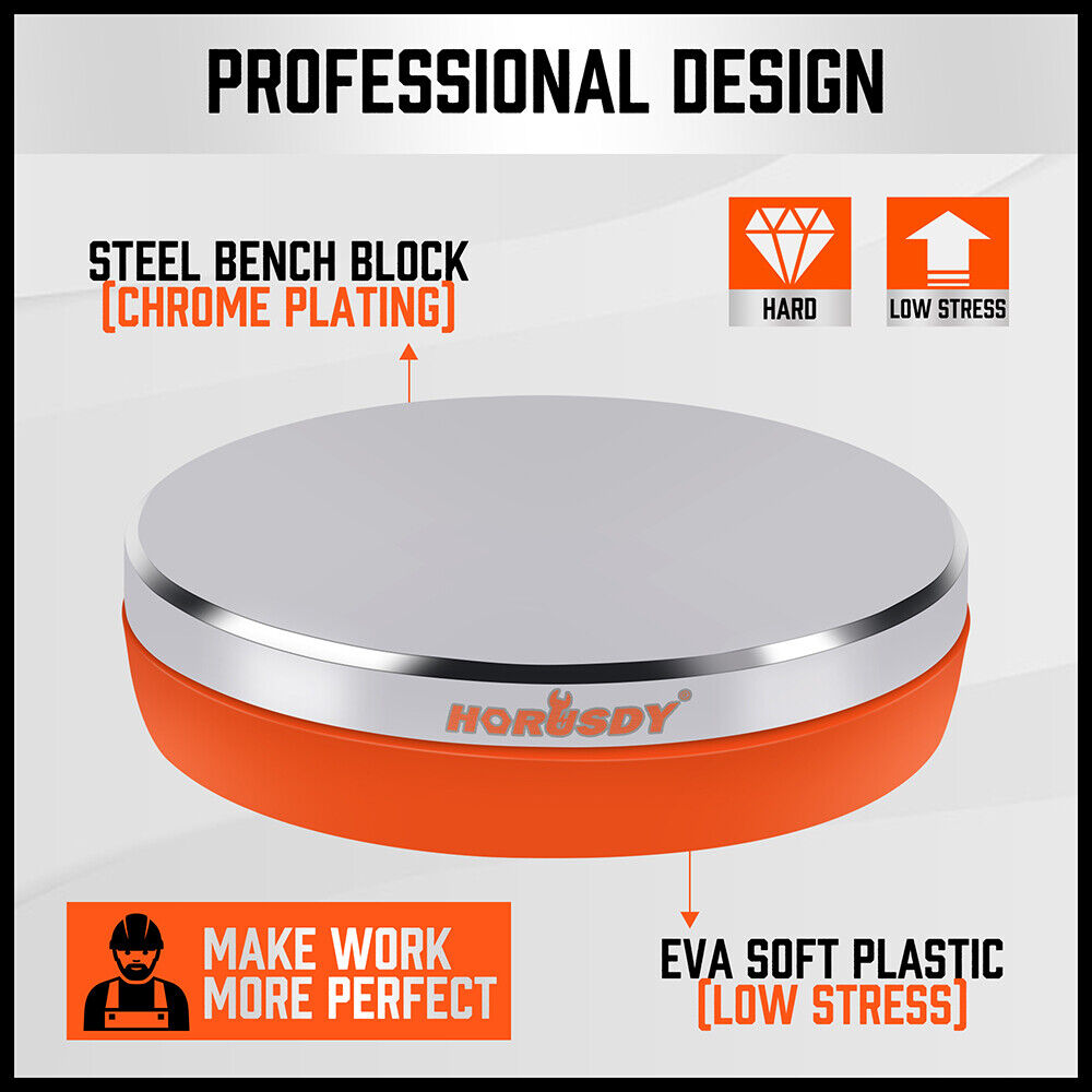 Round 3-inch steel bench block with mirror polish and soft base for jewelry stamping, including two punches.