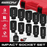 SEDY 11Pcs Metric Deep Impact Socket Set with Adapter for High-Torque Wheel Axle Nut Wrench Tasks