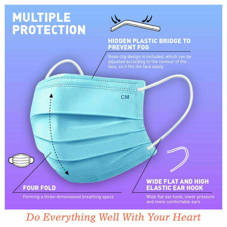 Pack of 50 Face Masks with Triple-Layer Protection - Anti Bacterial, Dust and Allergy Filter, Comfortable with Elastic Earloops