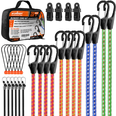 HORUSDY 28Pcs Outdoor Bungee Cord Set - Heavy-Duty Latex and Polyester, Multi-Length Cords with Secure Hooks