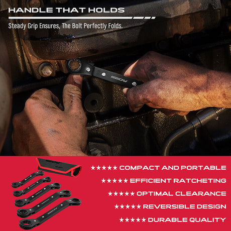 SEDY 5Pc SAE Ratchet Wrench Set - Offset Double End with 72 Tooth Ratchet, Matte Chrome Finish