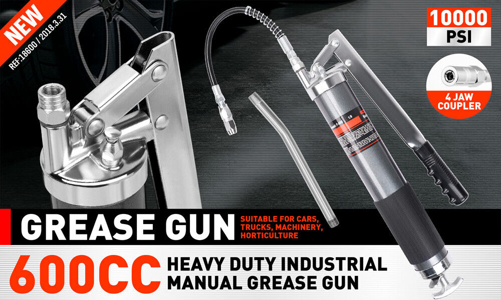 Robust 600cc Manual Grease Gun Kit - Includes Flexible Hose, Curved Extension Pipe, and 10000PSI Coupler for Efficient Lubrication