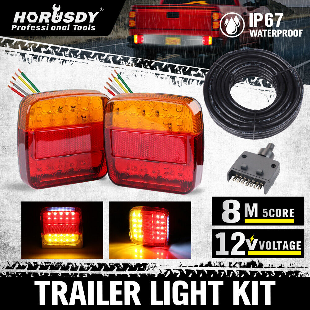 HORUSDY 12 LED Trailer Tail Light Kit, 100x100x23mm, 12V with 8m 5-Core Cable and 7-Pin Plug, Waterproof, Ideal for Caravans and Utes