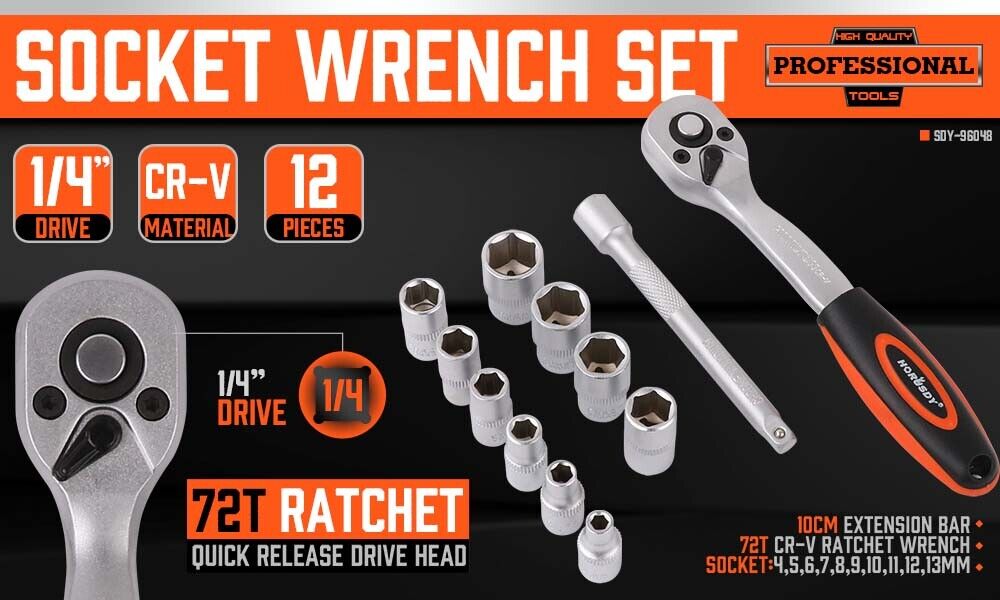 HORUSDY 12-Piece Ratchet Socket Wrench Set, Chrome-Plated Metric Sockets, and Extension Bar, with Organizing Rack