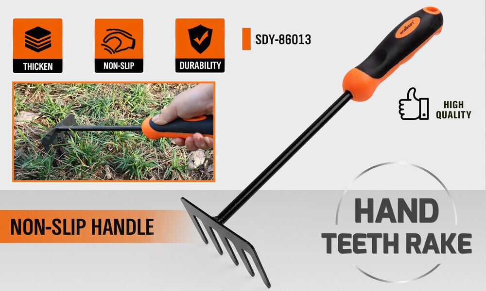 5-Prong Hand Garden Rake | Carbon Steel with Non-Slip Rubber Handle ...