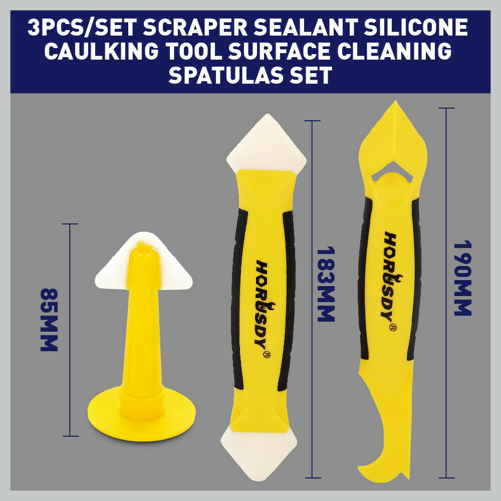Comprehensive 3-piece scraper set for easy caulking and sealant removal, including a finishing tool, plastic scraper, and caulk nozzle with storage bag.