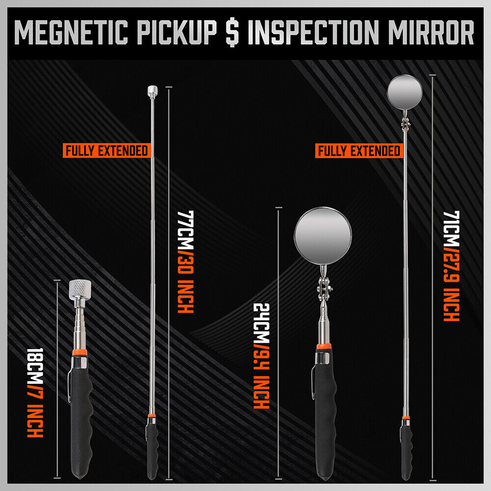 Three-piece magnetic pick-up and inspection tool set featuring a telescopic flashlight with LED, a magnetic rod, and a flexible swivel inspection mirror.