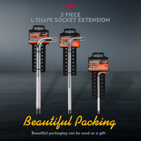 L Shape CR-V Steel Socket Extension Bar in 1/4", 3/8", 1/2" Drive Sizes, Chrome-Plated for Durability and Secure Socket Hold