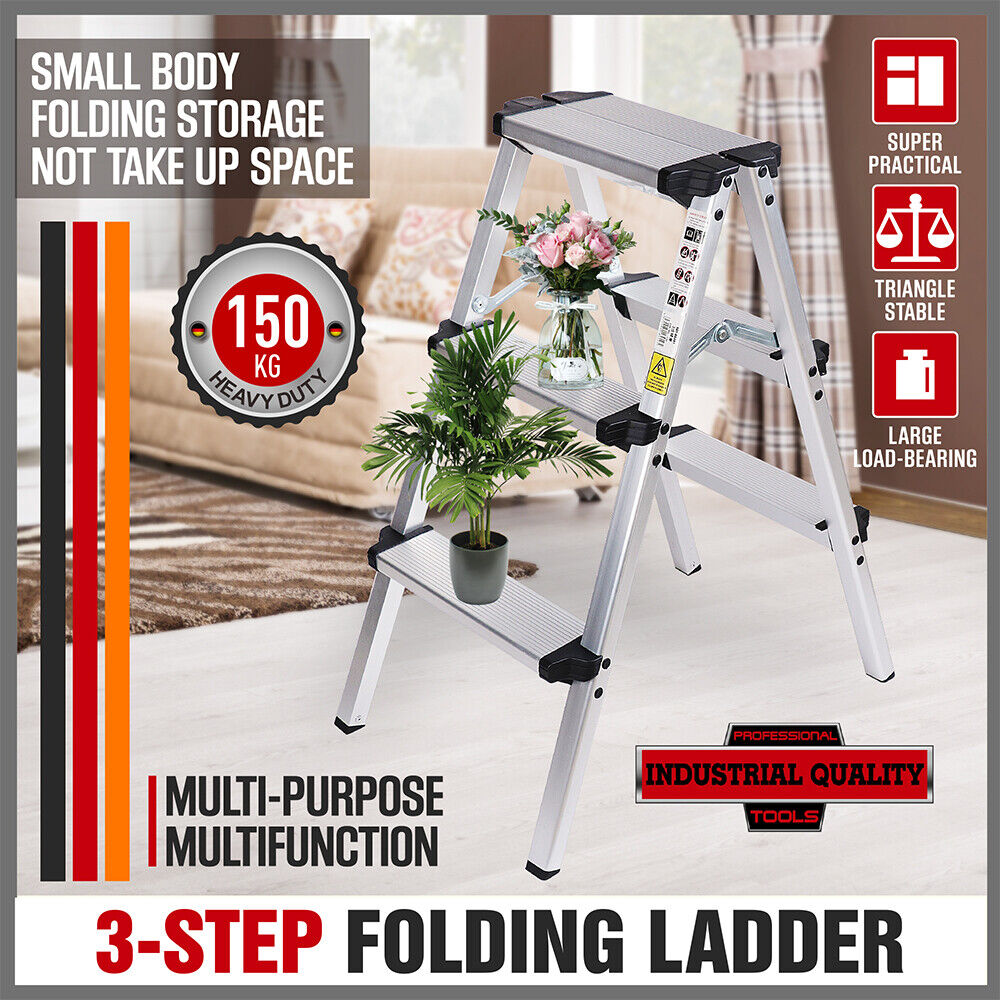 Portable 3-Step Folding Ladder - Lightweight Aluminum, Non-Slip, Heavy-Duty 150kg Capacity - Versatile and Reliable