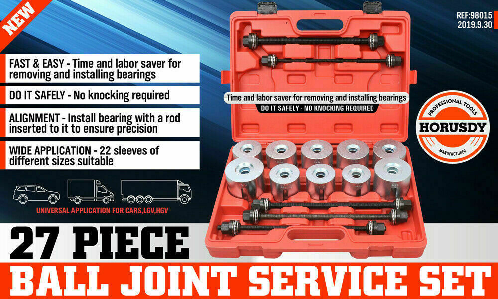 Comprehensive 27-piece carbon steel pull and press sleeve kit for bushing and bearing removal, suitable for car and heavy vehicle maintenance.