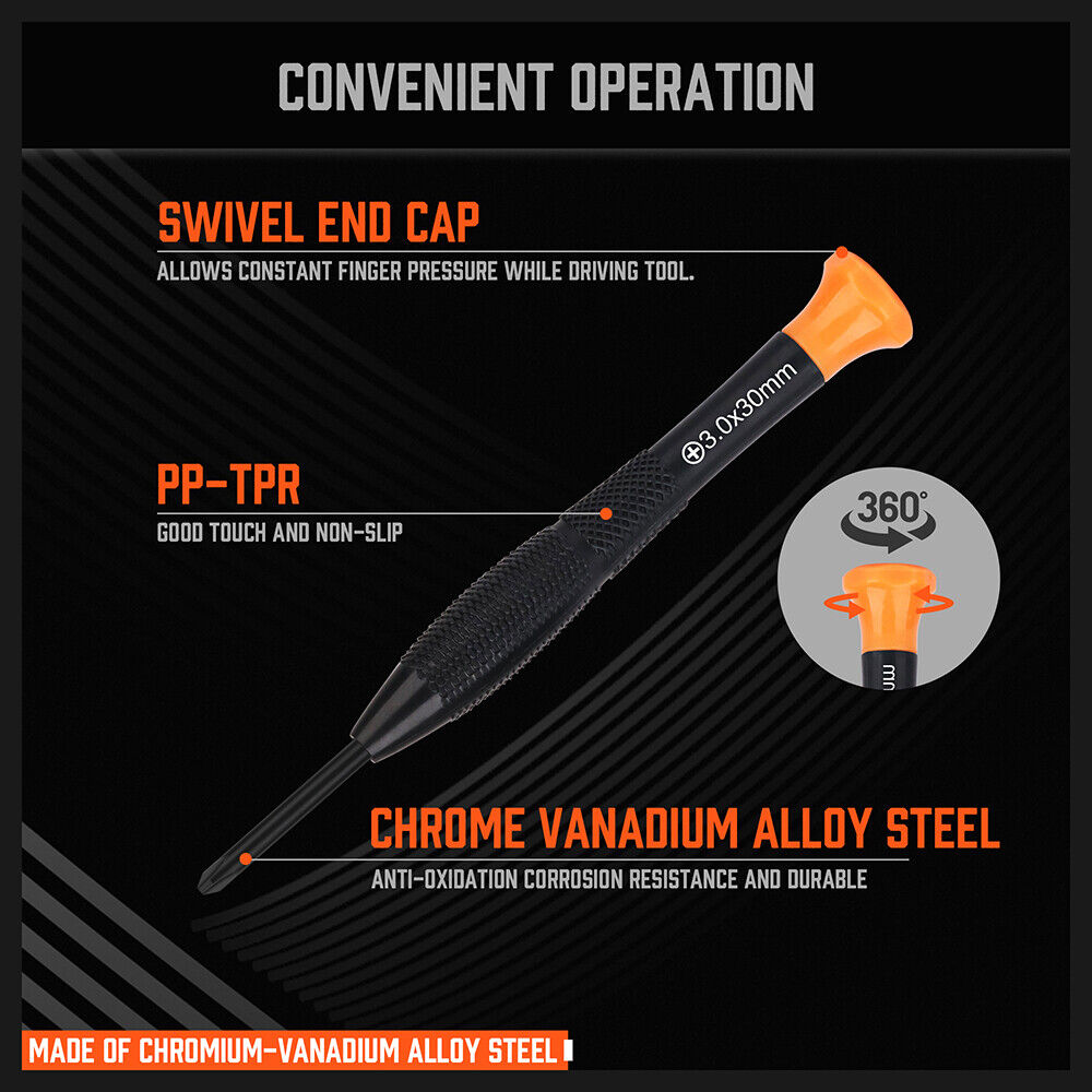 A comprehensive precision screwdriver set made of hardened steel with magnetic tips, non-slip handles and slotted, Phillips and Torx tools for intricate electronics repair.