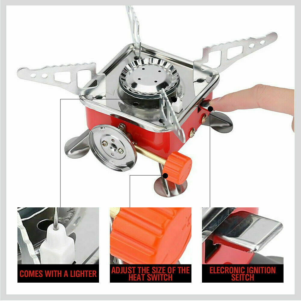 Compact and durable outdoor gas burner, perfect for camping and picnics. Features a powerful flame and high calorific efficiency, compatible with butane, propane, and gas