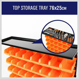 Wall-mounted bin storage rack with 50 bins for efficient organization of tools and parts in your garage.