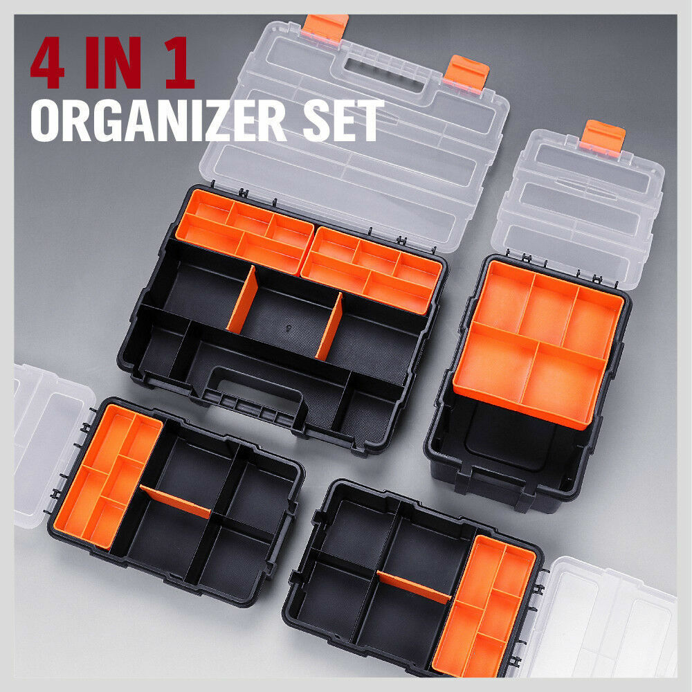 Versatile 4-piece tool box organizer set with removable trays, crafted from durable, high-impact polystyrene, ideal for neatly storing screws, nuts, bolts, arts and crafts materials.