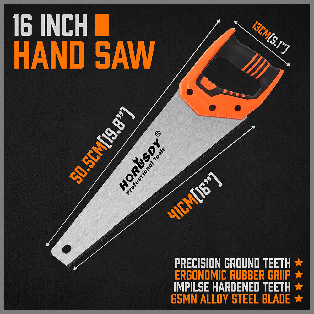 16-inch robust hand saw with triple-ground and induction-hardened teeth, designed for efficient cutting of wood, plastic, and PVC, measuring 505mm in length with an ergonomic handle