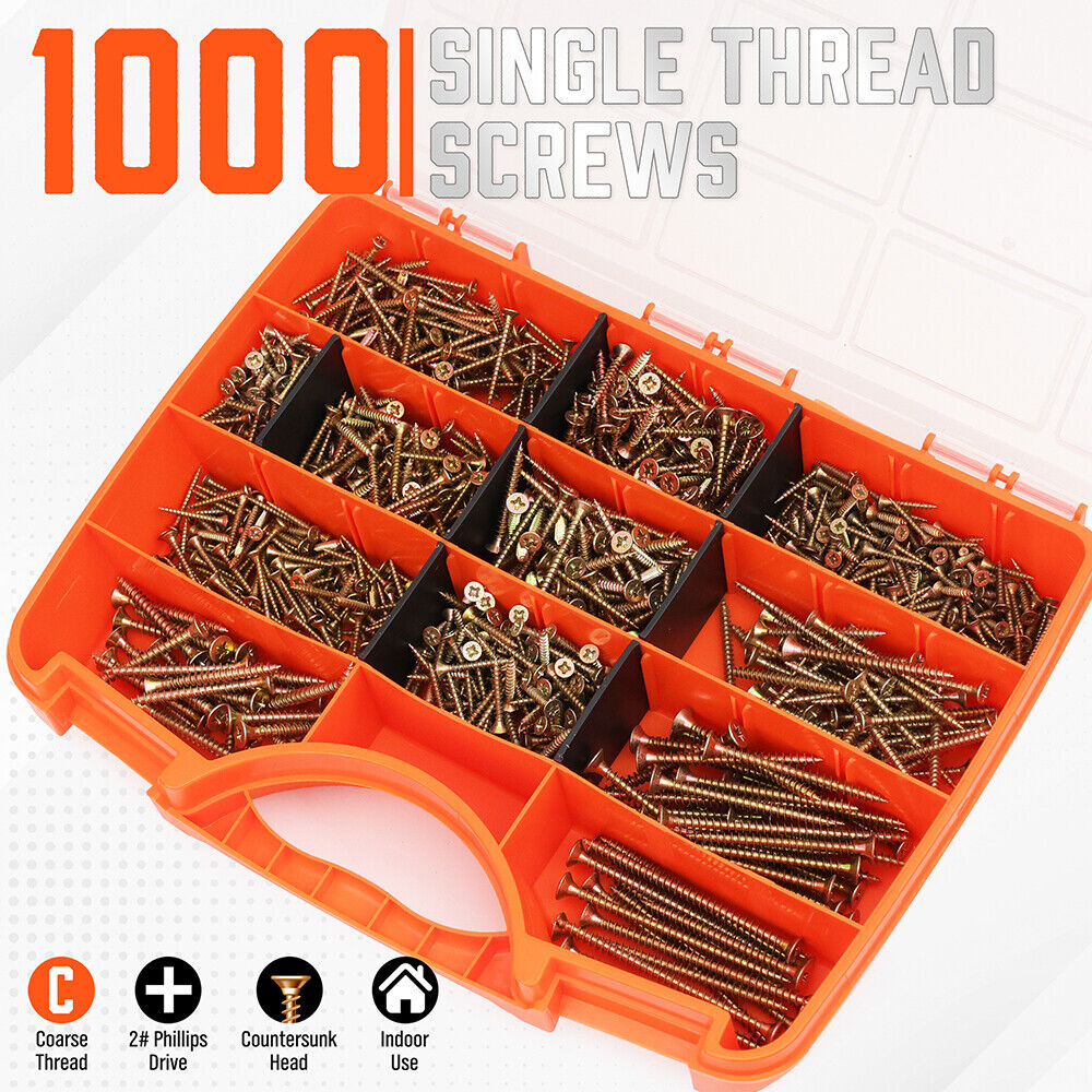 HORUSDY 1000-Piece Screw Set, Durable Steel Phillips Drywall Screws in Various Sizes, Anti-Corrosion and Rust-Resistant, in Plastic Storage Box for DIY Sheetrock and Woodwork