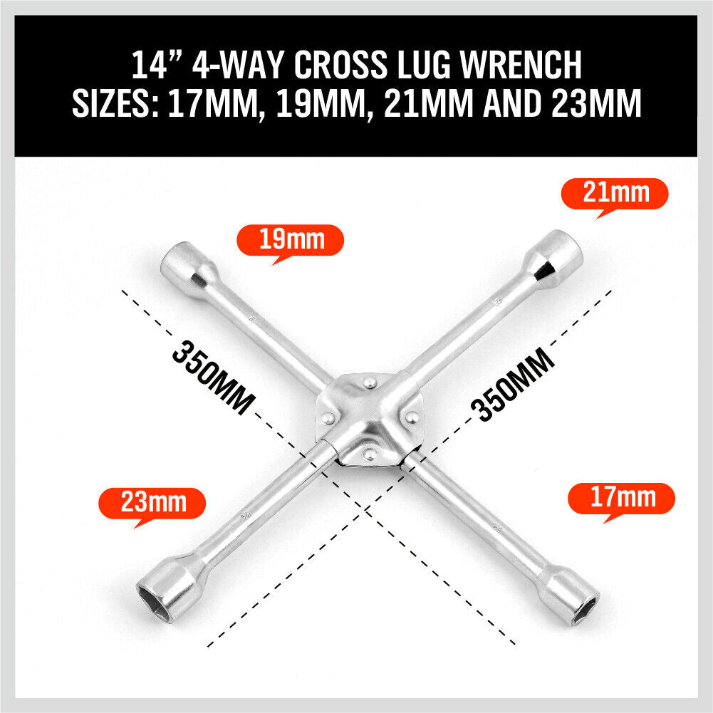 14-Inch Durable Steel Wheel Brace Spanner, 4-Way Cross Wrench with Multi-Size Sockets for Car Tyres