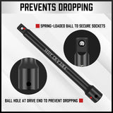 HORUSDY 9Pc Extension Bar Set with 1/4", 3/8", 1/2" Drives, featuring Premium Chrome Vanadium Steel, Corrosion Resistant SmartKrome Plating, and Secure Spring-Loaded Ball Detent