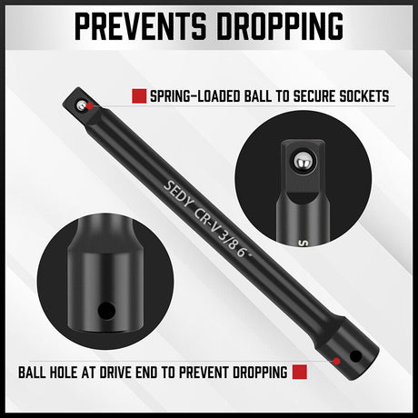 HORUSDY 9Pc Extension Bar Set with 1/4", 3/8", 1/2" Drives, featuring Premium Chrome Vanadium Steel, Corrosion Resistant SmartKrome Plating, and Secure Spring-Loaded Ball Detent