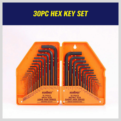 31-Piece Hex Key Set with T-Handle. Durable construction. Comprehensive metric and imperial sizes. Includes carrying case.