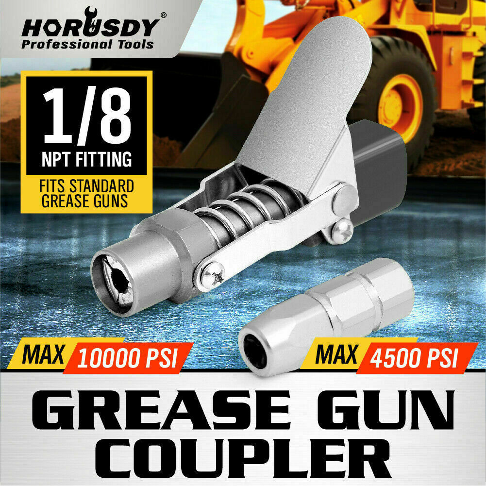 Durable Grease Gun Coupler with Quick Release and Lock System - 1/8'' NPT Thread, Rated for 10,000 PSI, Versatile Use