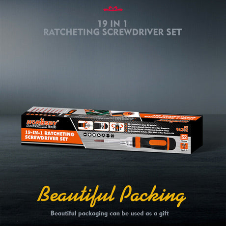 Comprehensive 19-piece ratchet screwdriver set including double-end bits with ball lock storage in handle, featuring anti-slip grip for efficient use in home or car repairs