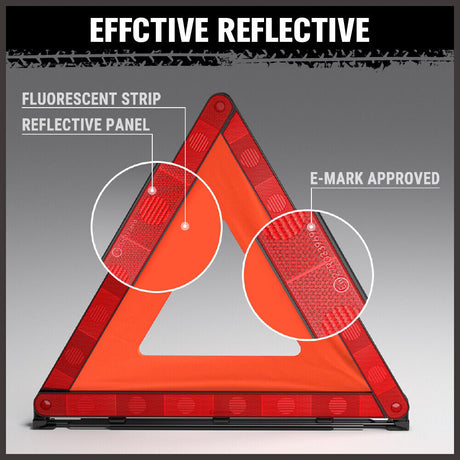 Set of 3 high-quality, durable emergency warning triangles with fluorescent orange frames and red acrylic reflectors, ideal for roadside safety.