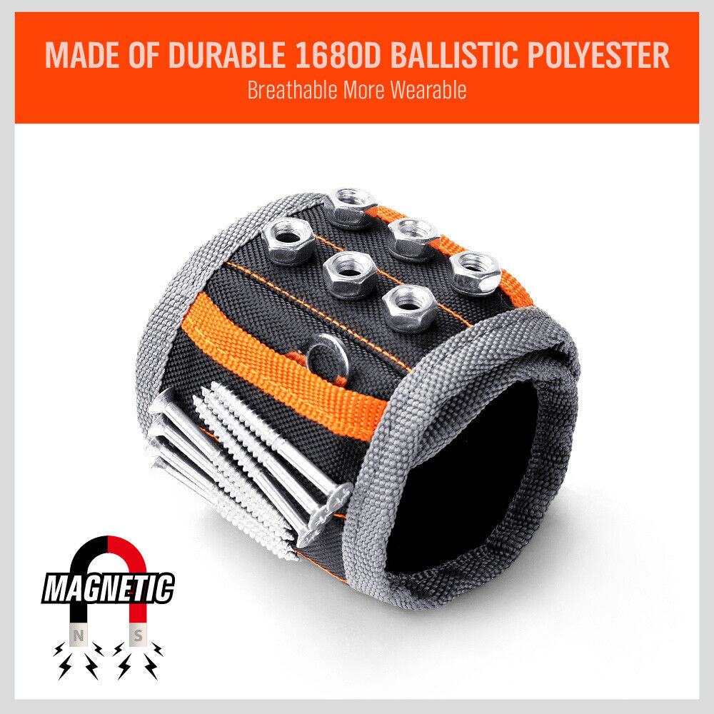 Adjustable magnetic wristband with strong magnets for securing screws, bolts, and nails.
