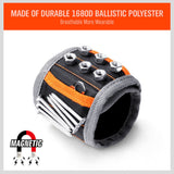 Adjustable magnetic wristband with strong magnets for securing screws, bolts, and nails.