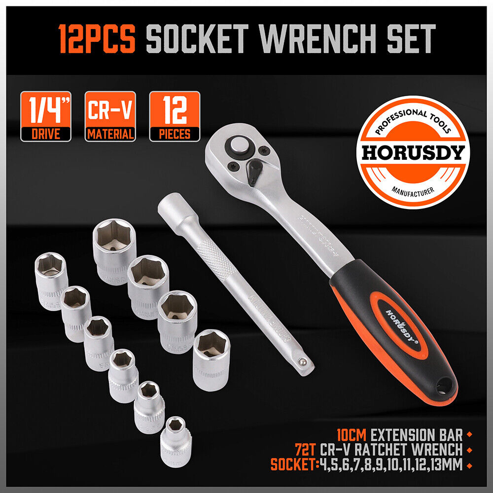 HORUSDY 12-Piece Ratchet Socket Wrench Set, Chrome-Plated Metric Sockets, and Extension Bar, with Organizing Rack