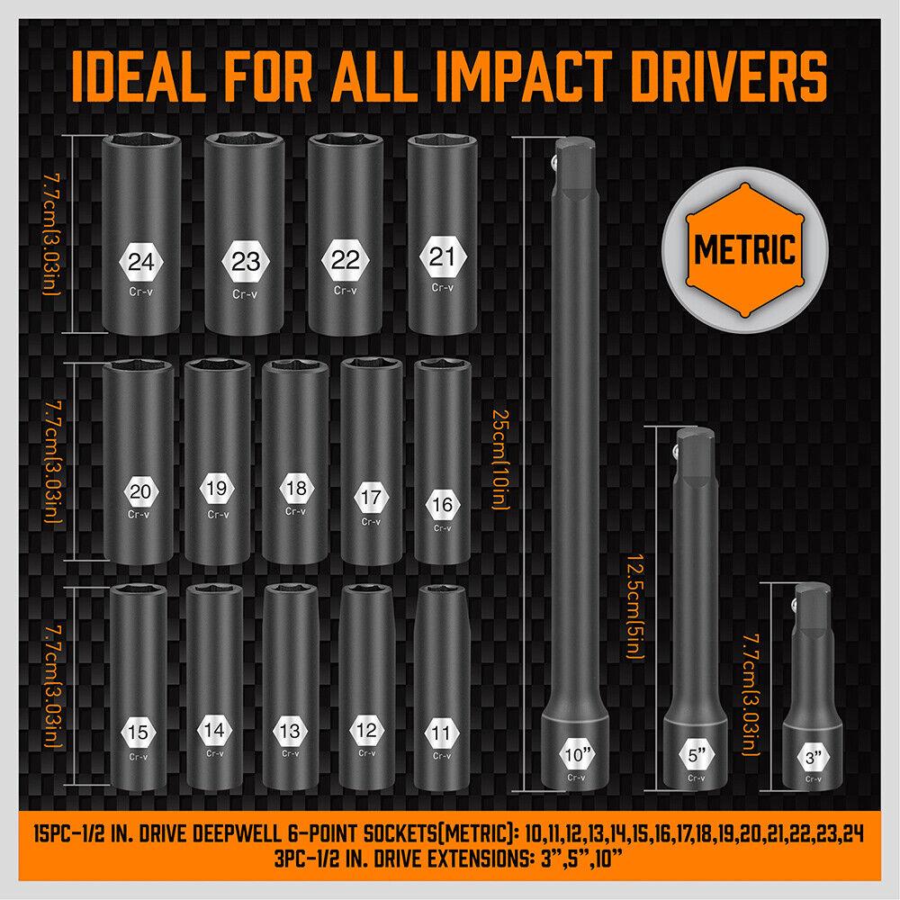 HORUSDY 18-Piece 1/2 Inch Drive Deep Impact Socket Set, Metric Sizes 10-24mm, Chrome Vanadium Steel with Black Phosphoric Acid Treatment and Laser Marking, Including 3 Extension Bars