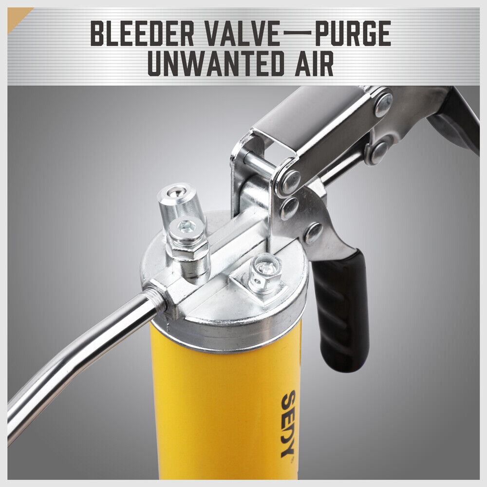 Durable 18-inch grease gun with a pistol grip, flexible hose, and an 8000 PSI pressure capacity, including a 14 oz grease cartridge and nozzles