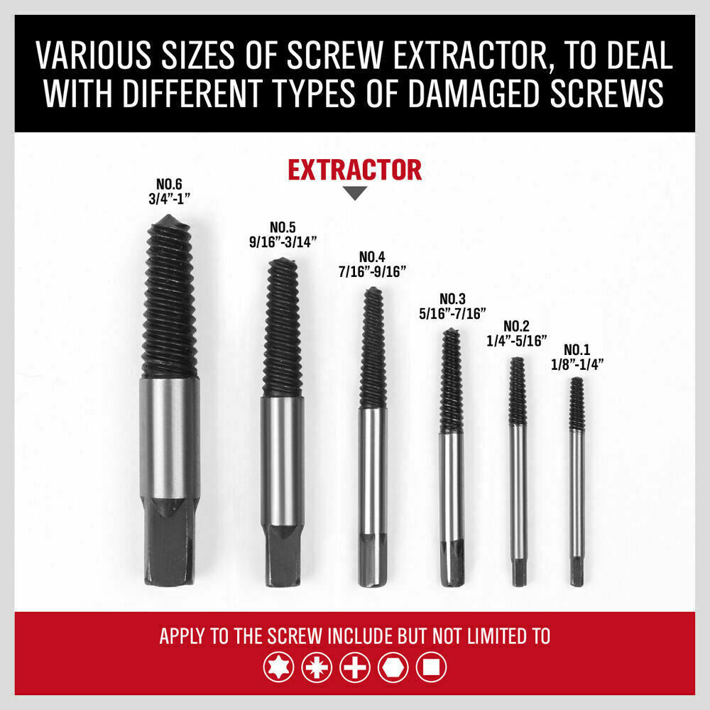 Heavy-duty 6Pc Damaged Screw Extractor Kit designed for easy removal of stripped, rusted, or broken screws and bolts. Includes reverse thread bits in various sizes with durable black oxidation finish.