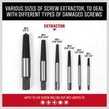 Heavy-duty 6Pc Damaged Screw Extractor Kit designed for easy removal of stripped, rusted, or broken screws and bolts. Includes reverse thread bits in various sizes with durable black oxidation finish.