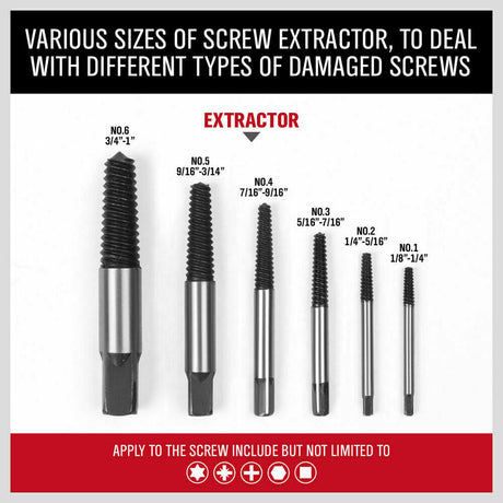 Heavy-duty 6Pc Damaged Screw Extractor Kit designed for easy removal of stripped, rusted, or broken screws and bolts. Includes reverse thread bits in various sizes with durable black oxidation finish.