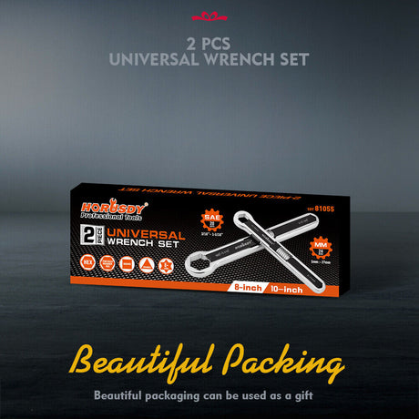 HORUSDY 2-Piece Universal Wrench Set, 8-inch and 10-inch, Adjustable for SAE and Metric Sizes, Full Steel with Mirror Polish Finish