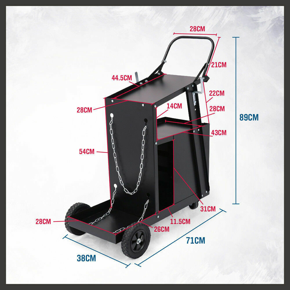 Robust 4-Drawer Welding Trolley Cart, designed for MIG, TIG, ARC, and Plasma machines. Features include a tilted top shelf, 4 drawers for storage, safety chains for gas tanks, durable wheels for mobility, and a total load capacity of 110Lbs